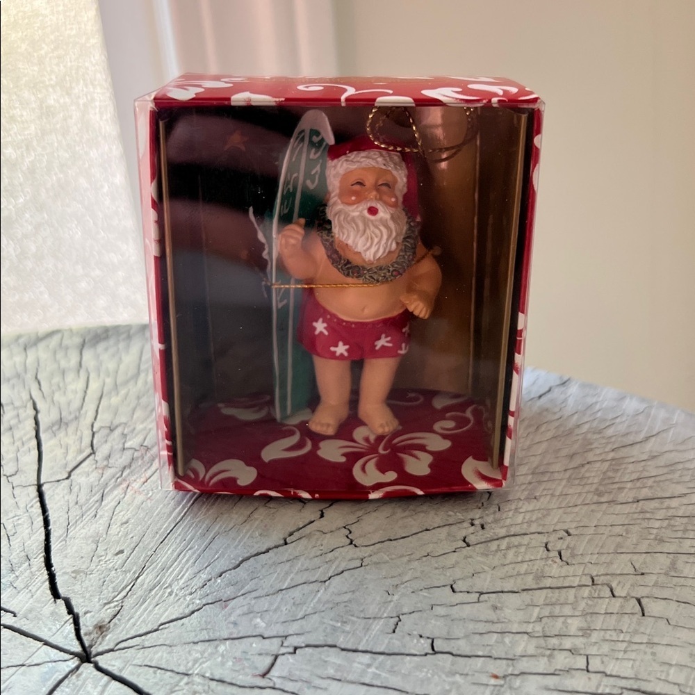Santa Claus Surfing Ornament made in Hawaii Hand painted 2”